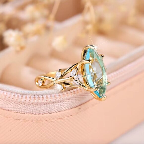 14k Gold Aquamarine Diamond Ring Marquise Cut Statement Cocktail Ring - Picture 2 of 5